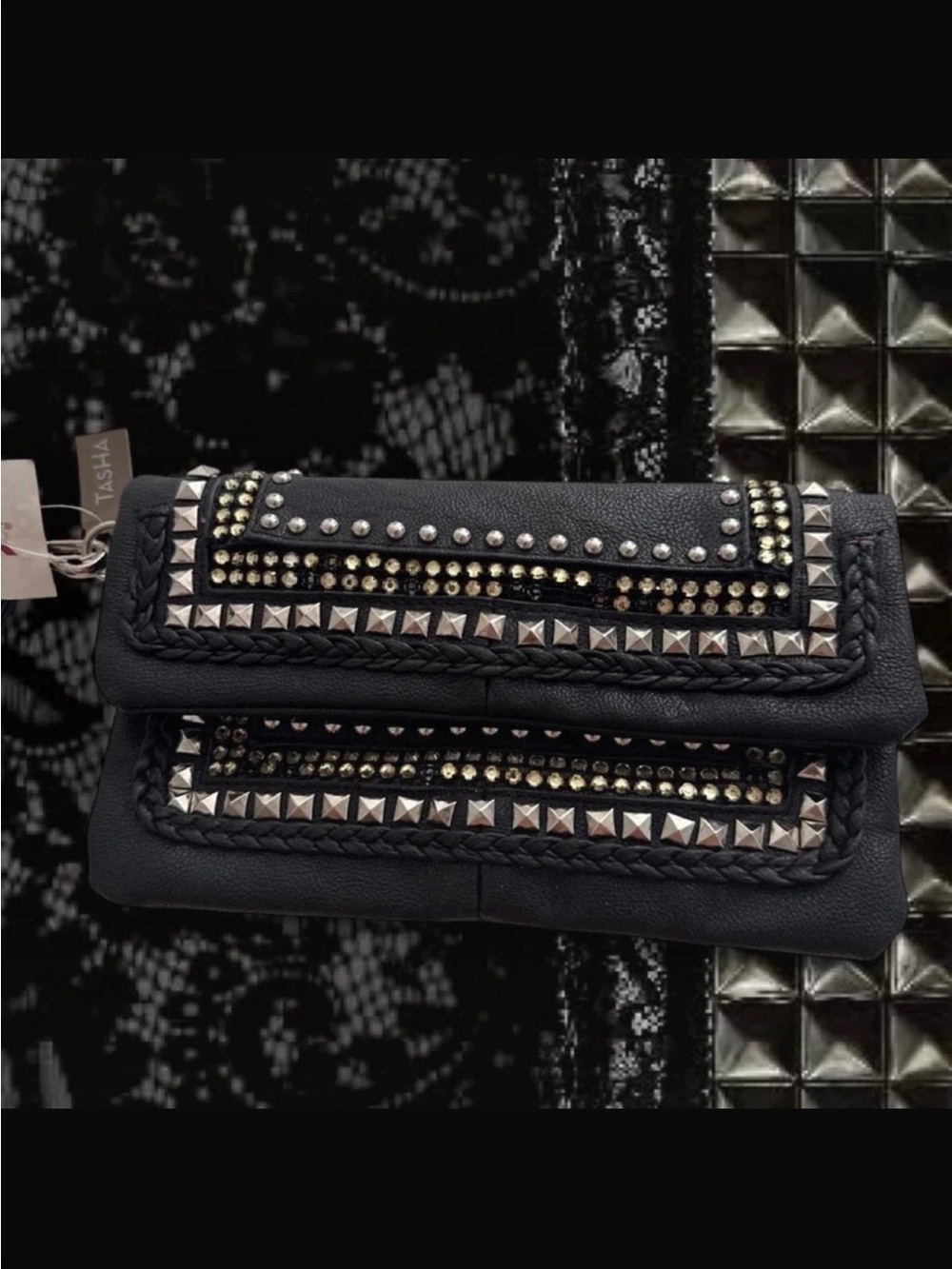Black leather clutch wallet purse with silver gold studs and rhinestones